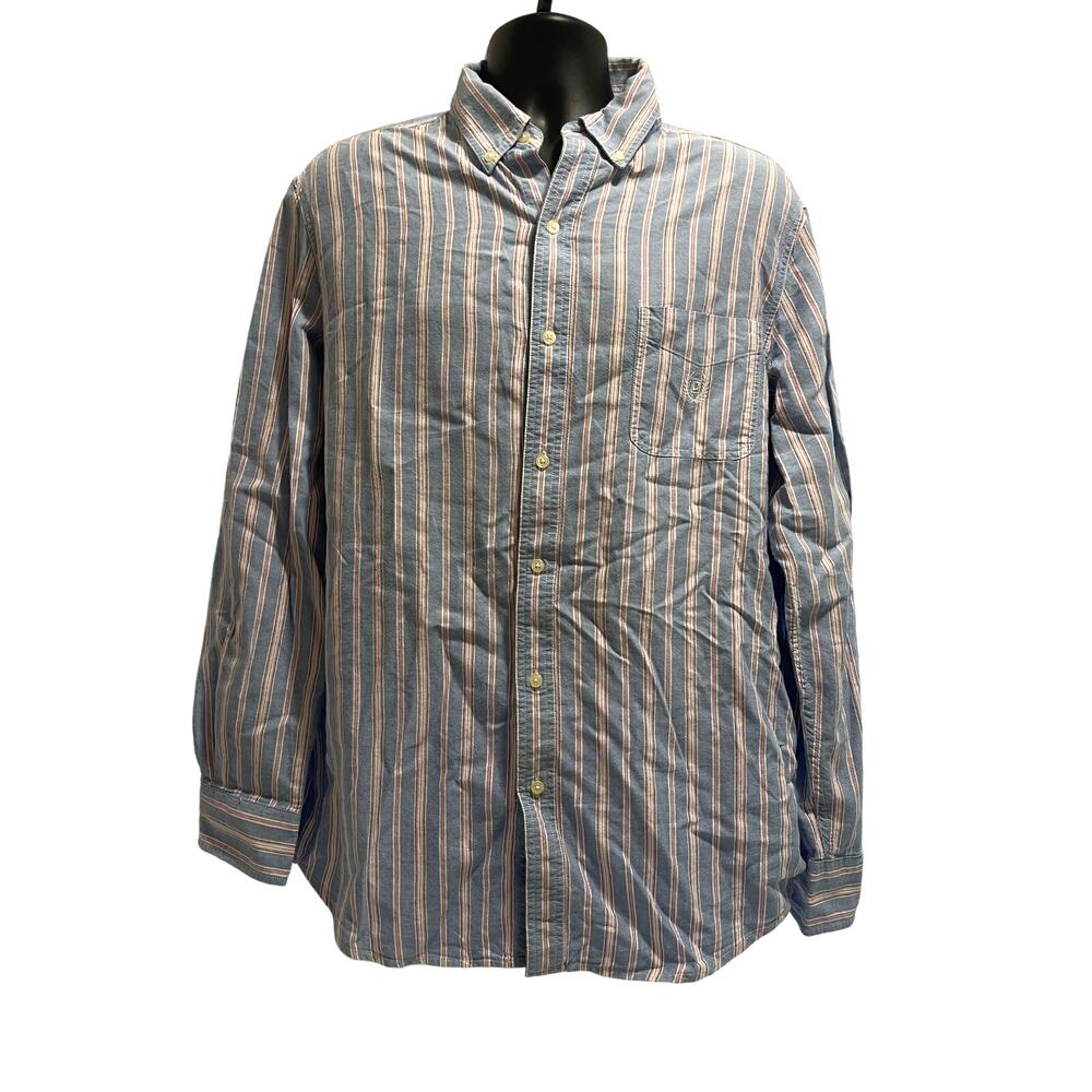 Chaps Ralph Lauren Mens Medium Blue Pink Striped Vintage Button Down Long Sleeve